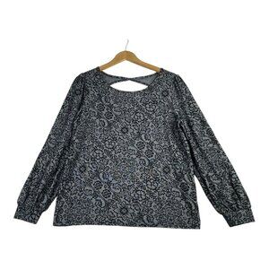 LOFT Floral Jacquard Puffed Shoulders Cutout Back Long Sleeve Top size Large Bla